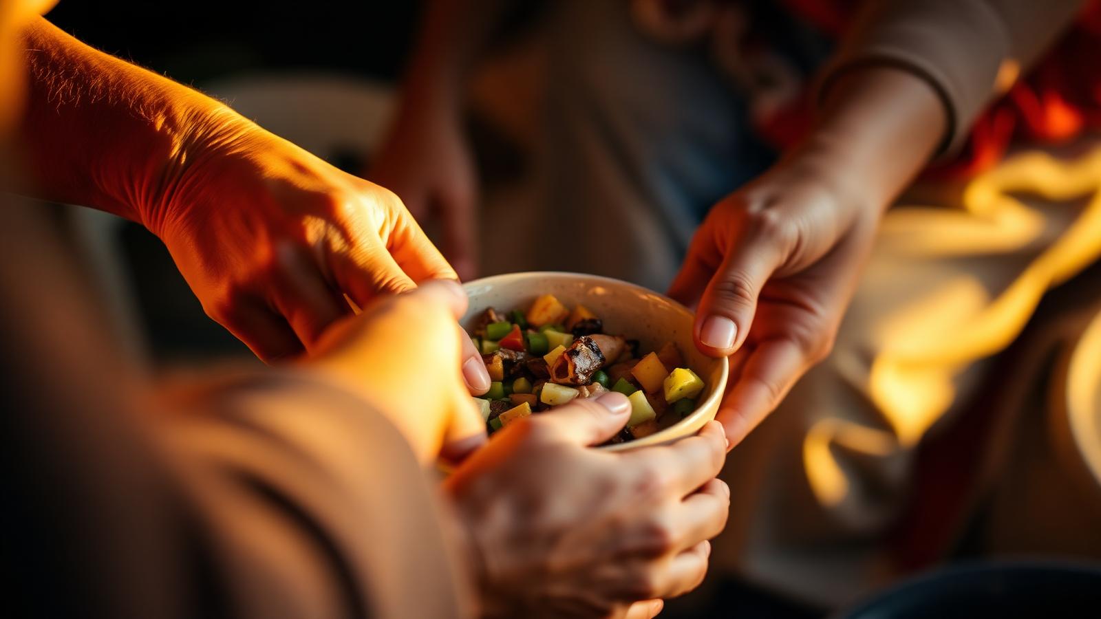 Hands sharing a bowl of fresh food